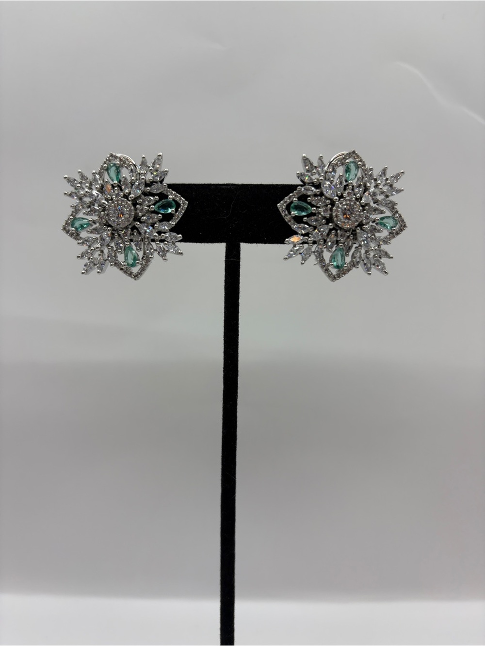 Silver Floral Teardrop Cubic Zirconia Crystal Earrings with Mint Accents Stones